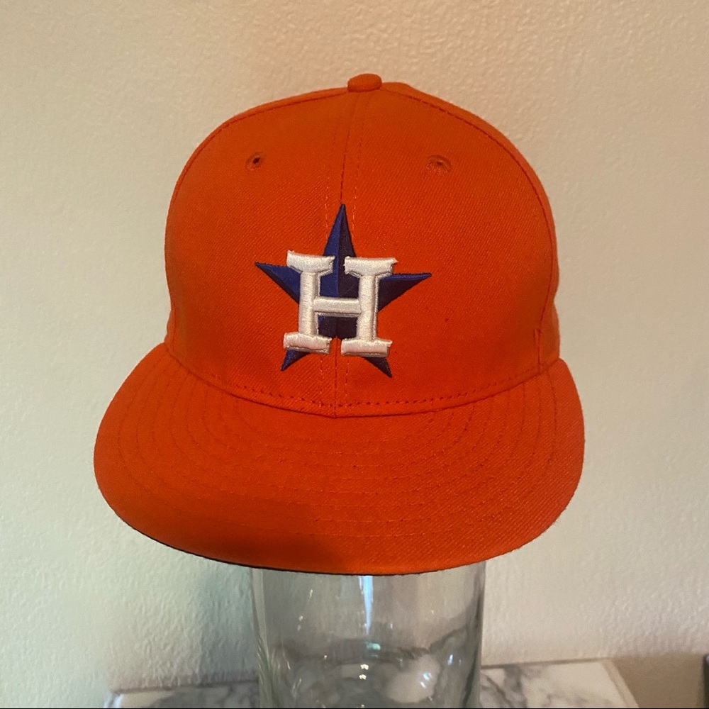 New Era 59Fifty Mens Orange MLB Houston Astros Fitted Hat Cap Size 7 1/8 USA